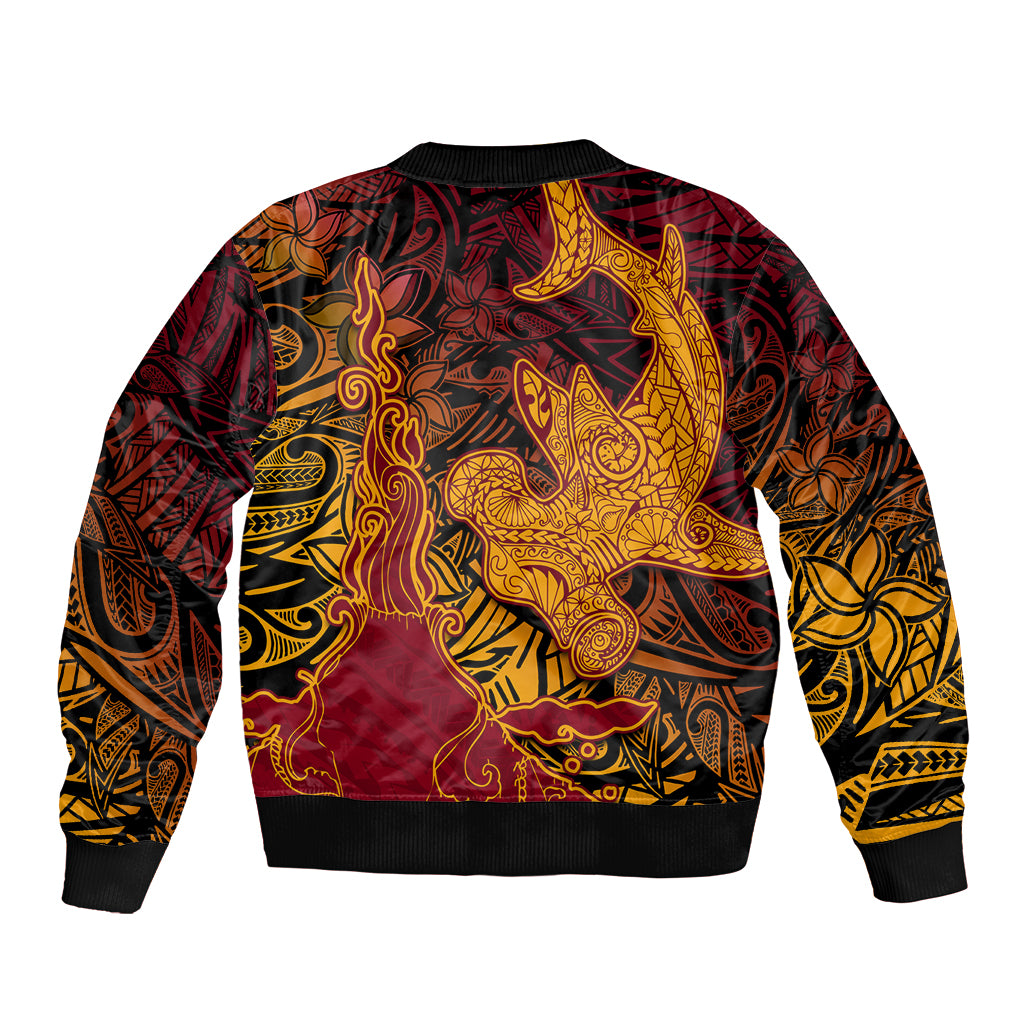 Hawaiian Volcano and Shark Bomber Jacket Polynesian and Hibiscus Pattern Lava Color
