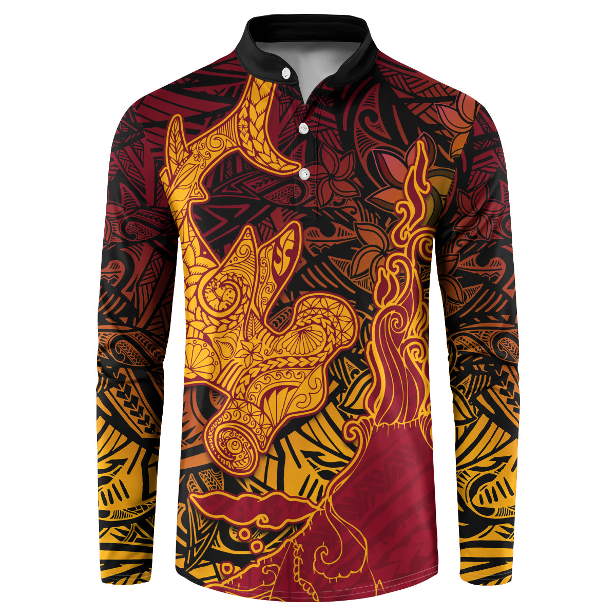 Hawaiian Volcano and Shark Button Sweatshirt Polynesian and Hibiscus Pattern Lava Color