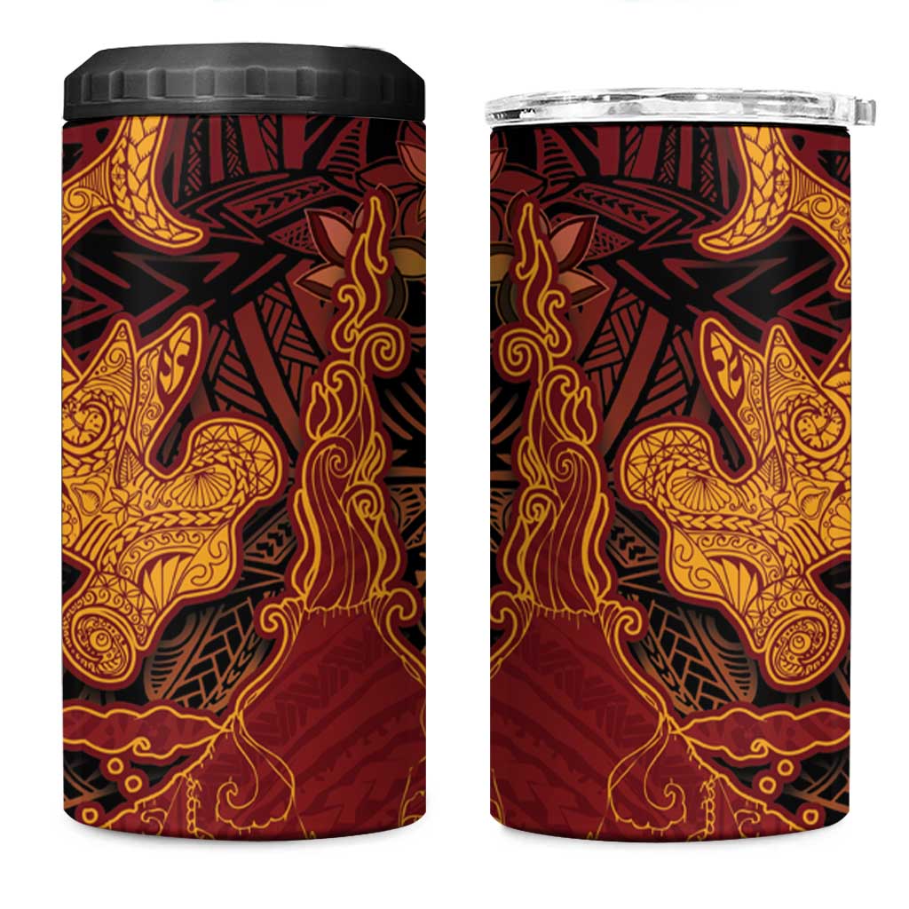 Hawaiian Volcano and Shark 4 in 1 Can Cooler Tumbler Polynesian and Hibiscus Pattern Lava Color