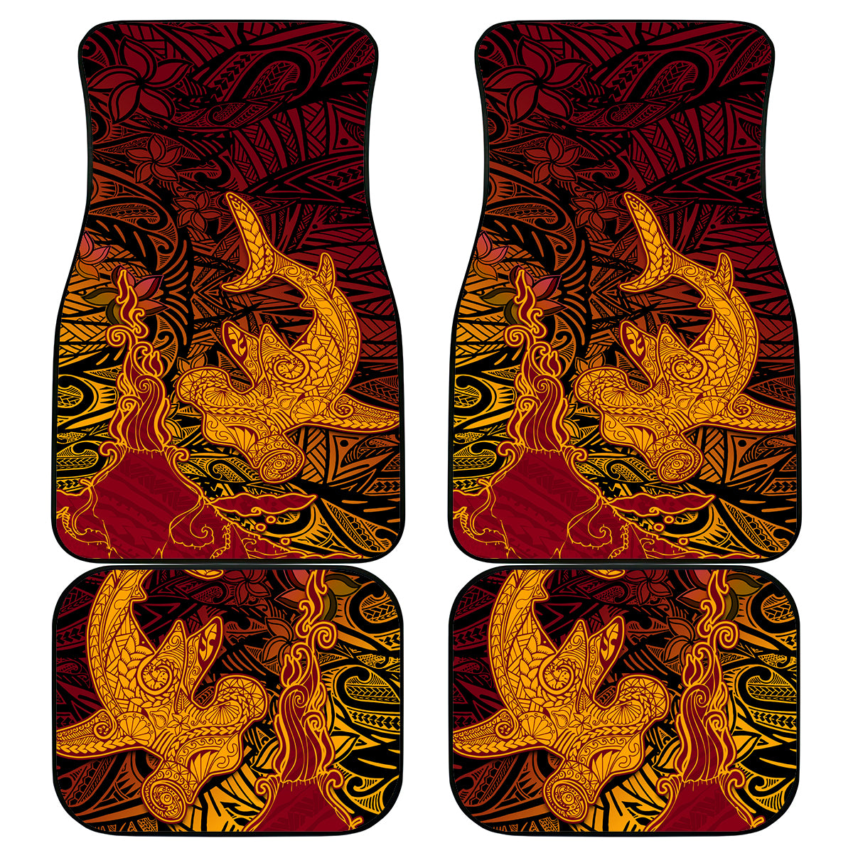 Hawaiian Volcano and Shark Car Mats Polynesian and Hibiscus Pattern Lava Color