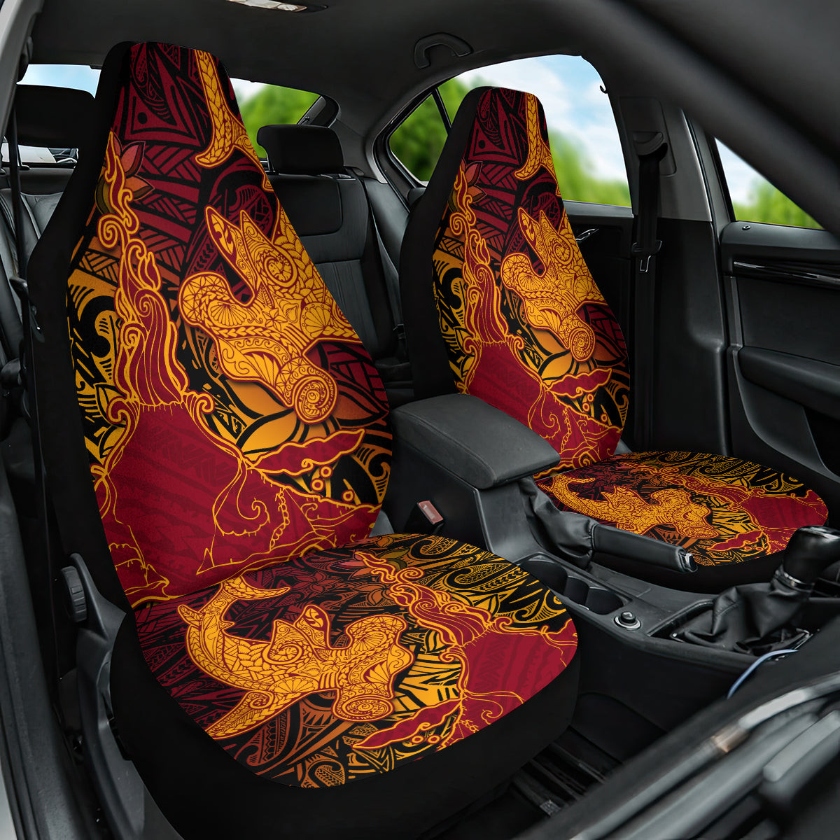 Hawaiian Volcano and Shark Car Seat Cover Polynesian and Hibiscus Pattern Lava Color