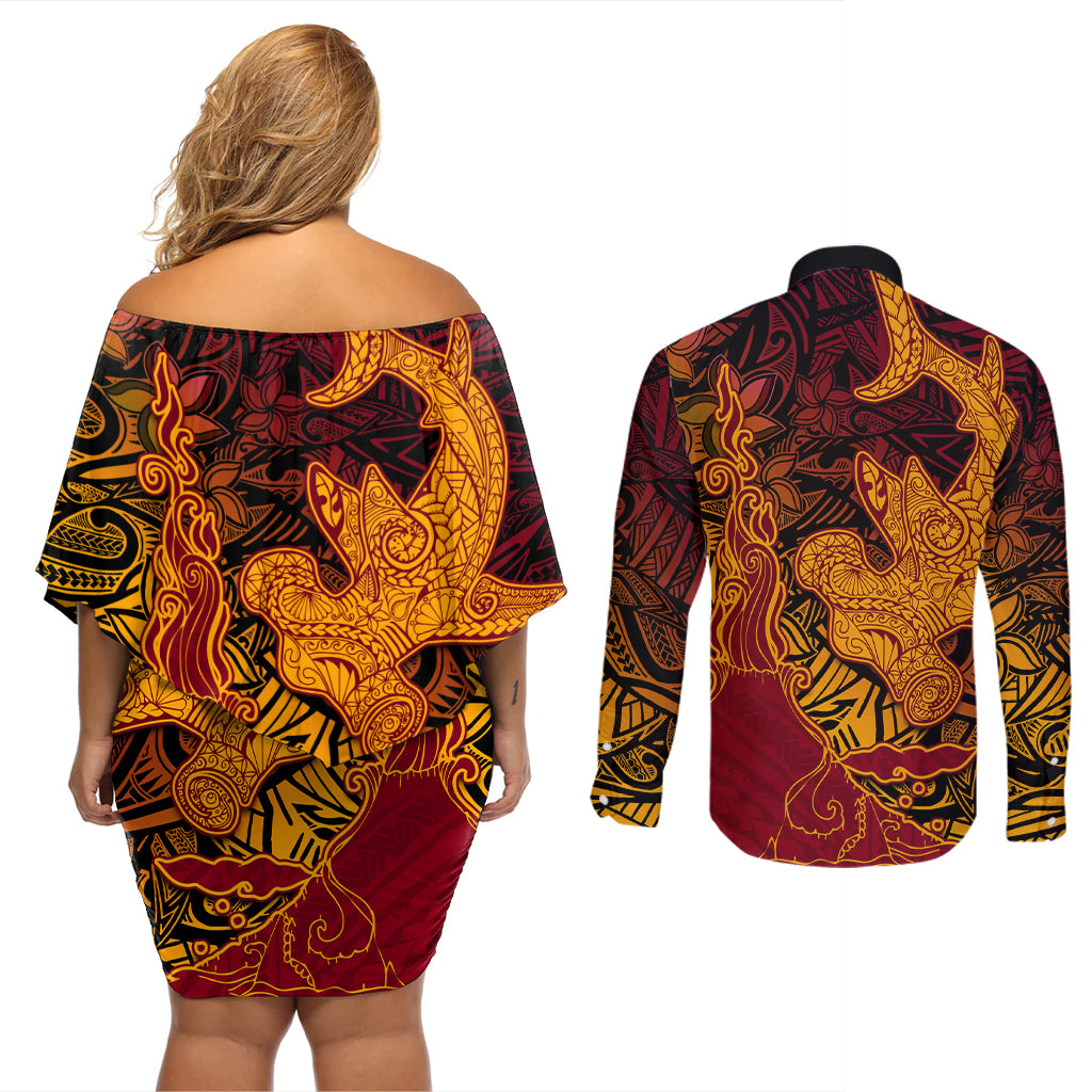 Hawaiian Volcano and Shark Couples Matching Off Shoulder Short Dress and Long Sleeve Button Shirt Polynesian and Hibiscus Pattern Lava Color