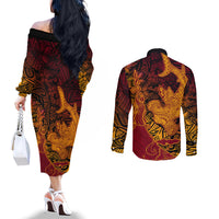Hawaiian Volcano and Shark Couples Matching Off The Shoulder Long Sleeve Dress and Long Sleeve Button Shirt Polynesian and Hibiscus Pattern Lava Color