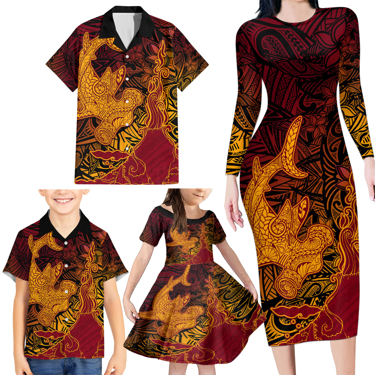 Hawaiian Volcano and Shark Family Matching Long Sleeve Bodycon Dress and Hawaiian Shirt Polynesian and Hibiscus Pattern Lava Color