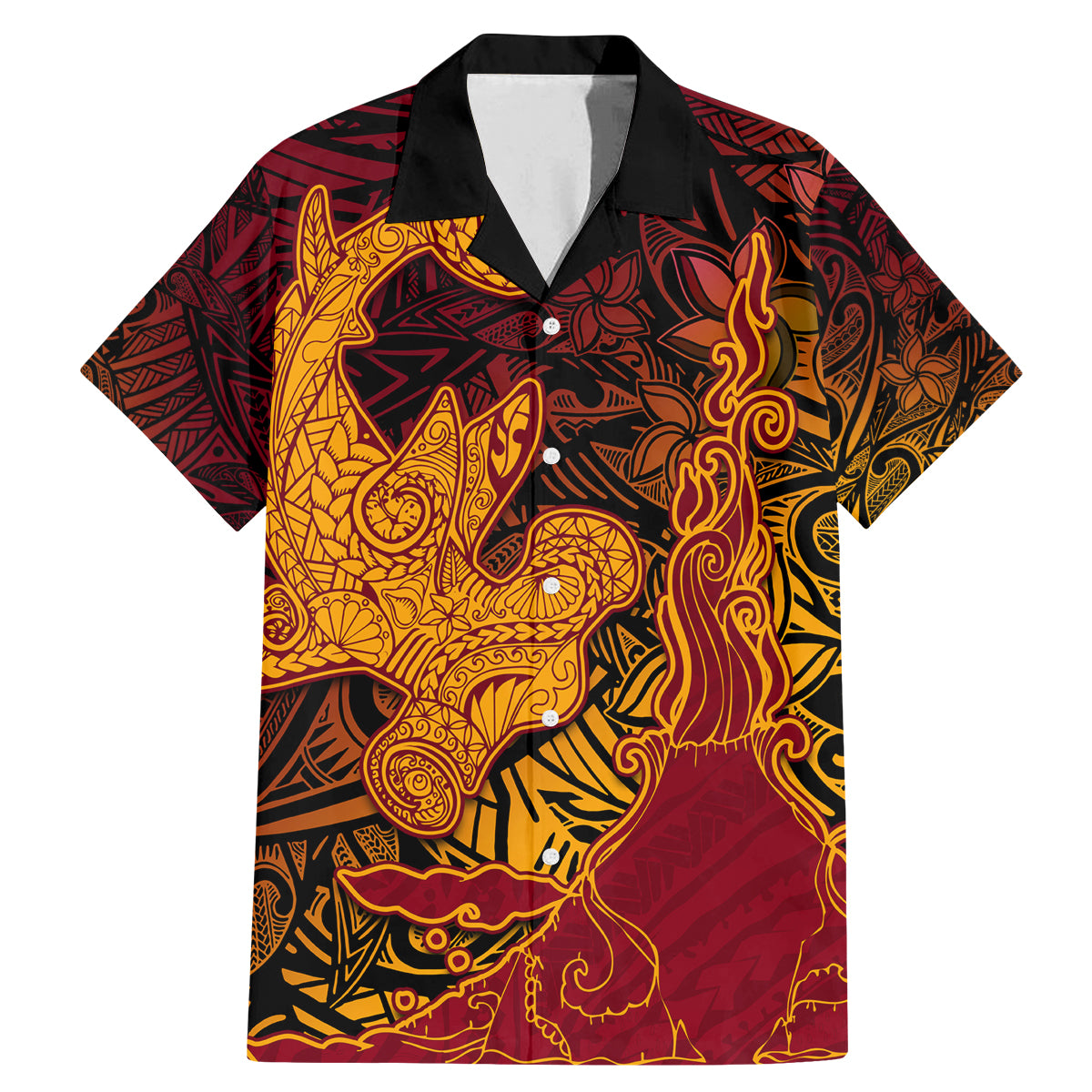 Hawaiian Volcano and Shark Family Matching Mermaid Dress and Hawaiian Shirt Polynesian and Hibiscus Pattern Lava Color