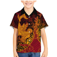 Hawaiian Volcano and Shark Family Matching Mermaid Dress and Hawaiian Shirt Polynesian and Hibiscus Pattern Lava Color