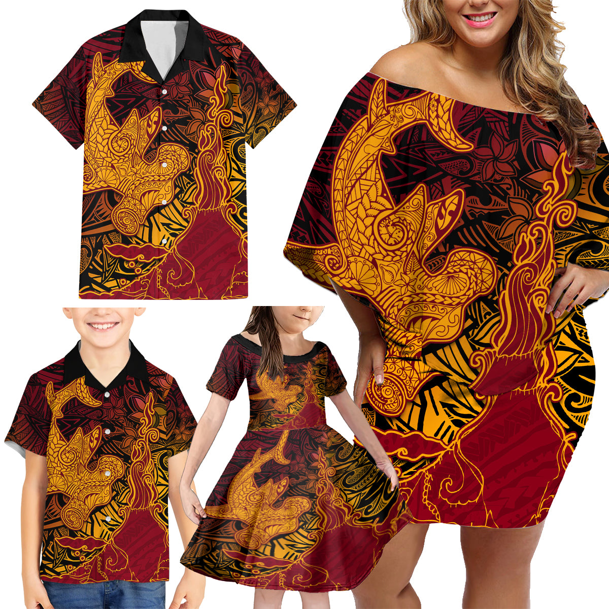 Hawaiian Volcano and Shark Family Matching Off Shoulder Short Dress and Hawaiian Shirt Polynesian and Hibiscus Pattern Lava Color