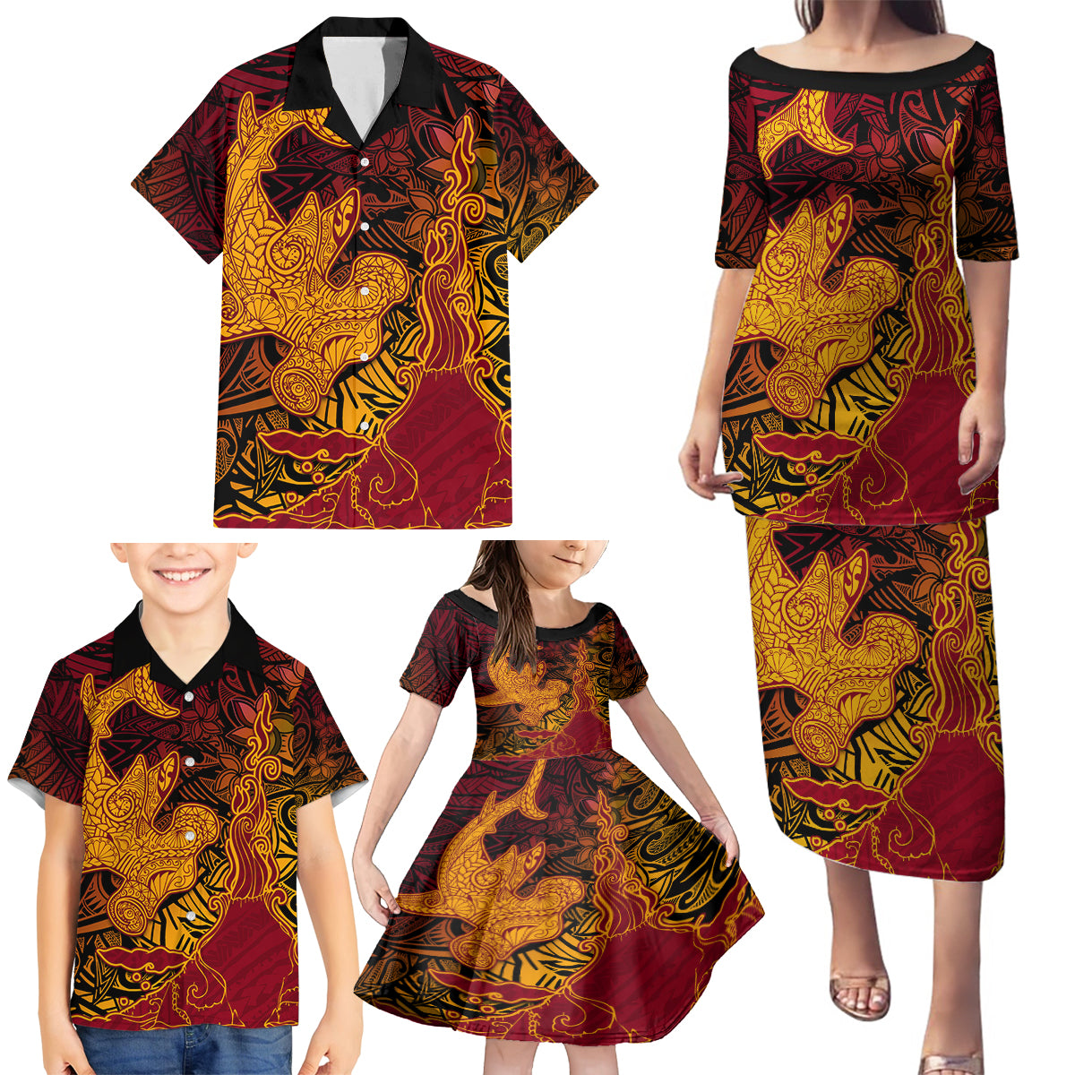 Hawaiian Volcano and Shark Family Matching Puletasi and Hawaiian Shirt Polynesian and Hibiscus Pattern Lava Color