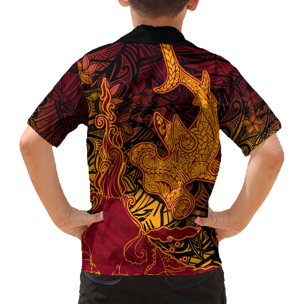 Hawaiian Volcano and Shark Family Matching Short Sleeve Bodycon Dress and Hawaiian Shirt Polynesian and Hibiscus Pattern Lava Color