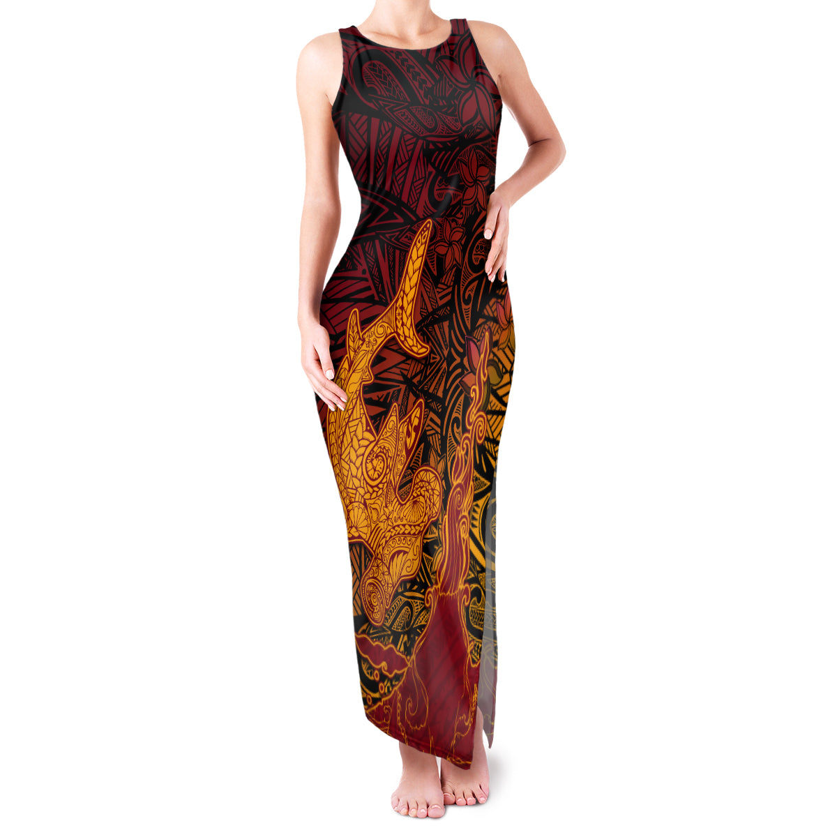 Hawaiian Volcano and Shark Family Matching Tank Maxi Dress and Hawaiian Shirt Polynesian and Hibiscus Pattern Lava Color