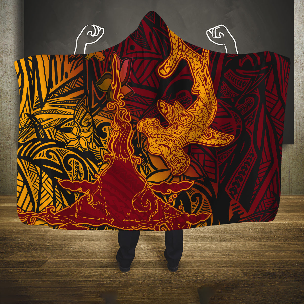 Hawaiian Volcano and Shark Hooded Blanket Polynesian and Hibiscus Pattern Lava Color