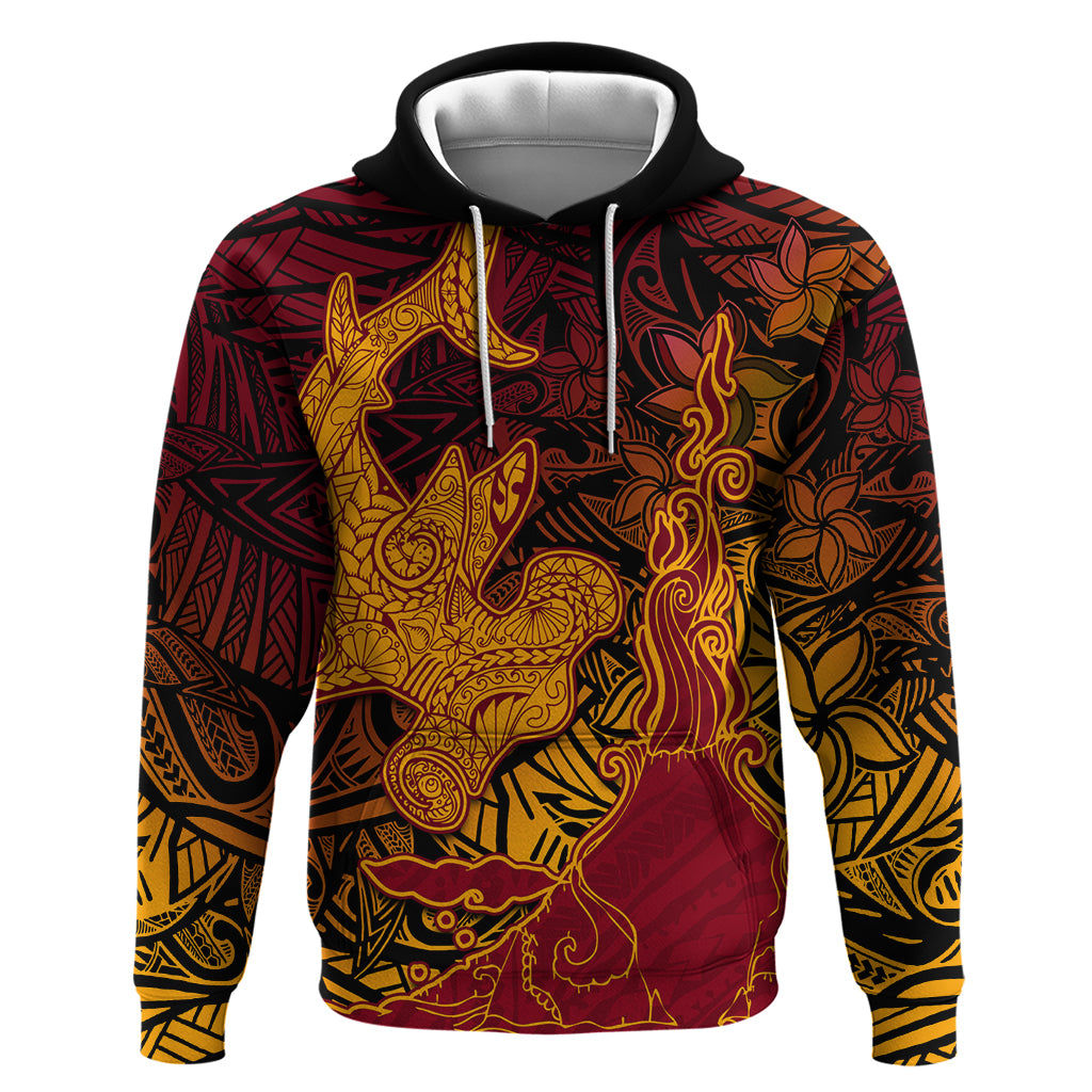 Hawaiian Volcano and Shark Hoodie Polynesian and Hibiscus Pattern Lava Color