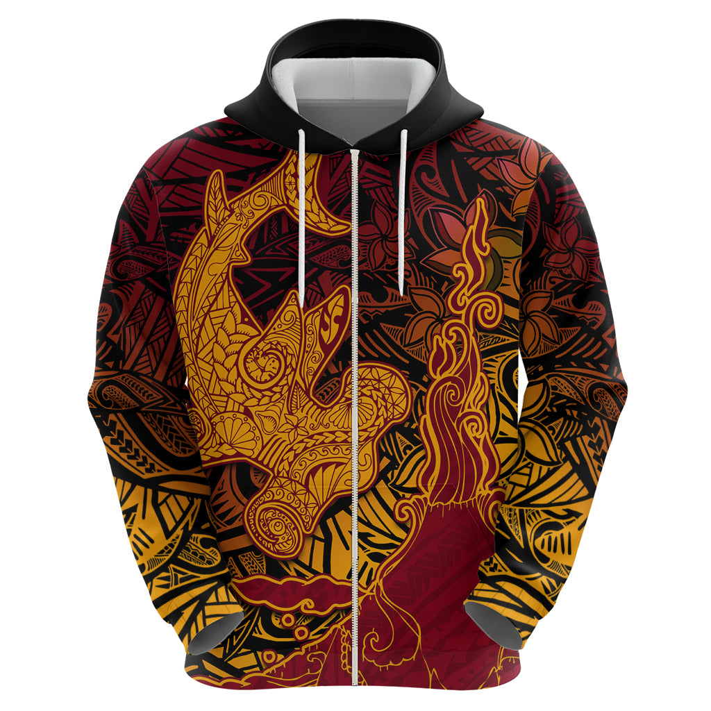 Hawaiian Volcano and Shark Hoodie Polynesian and Hibiscus Pattern Lava Color