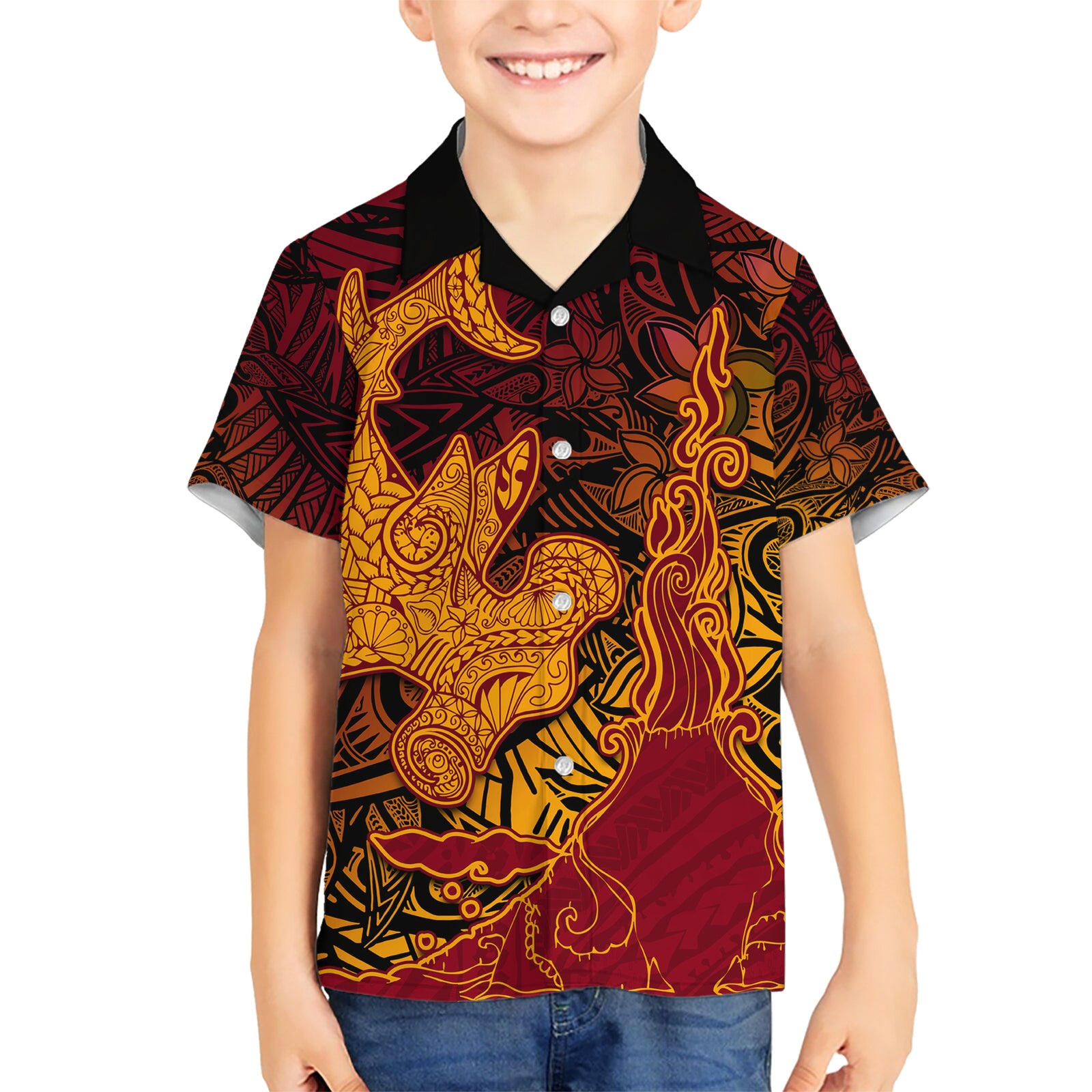 Hawaiian Volcano and Shark Kid Hawaiian Shirt Polynesian and Hibiscus Pattern Lava Color