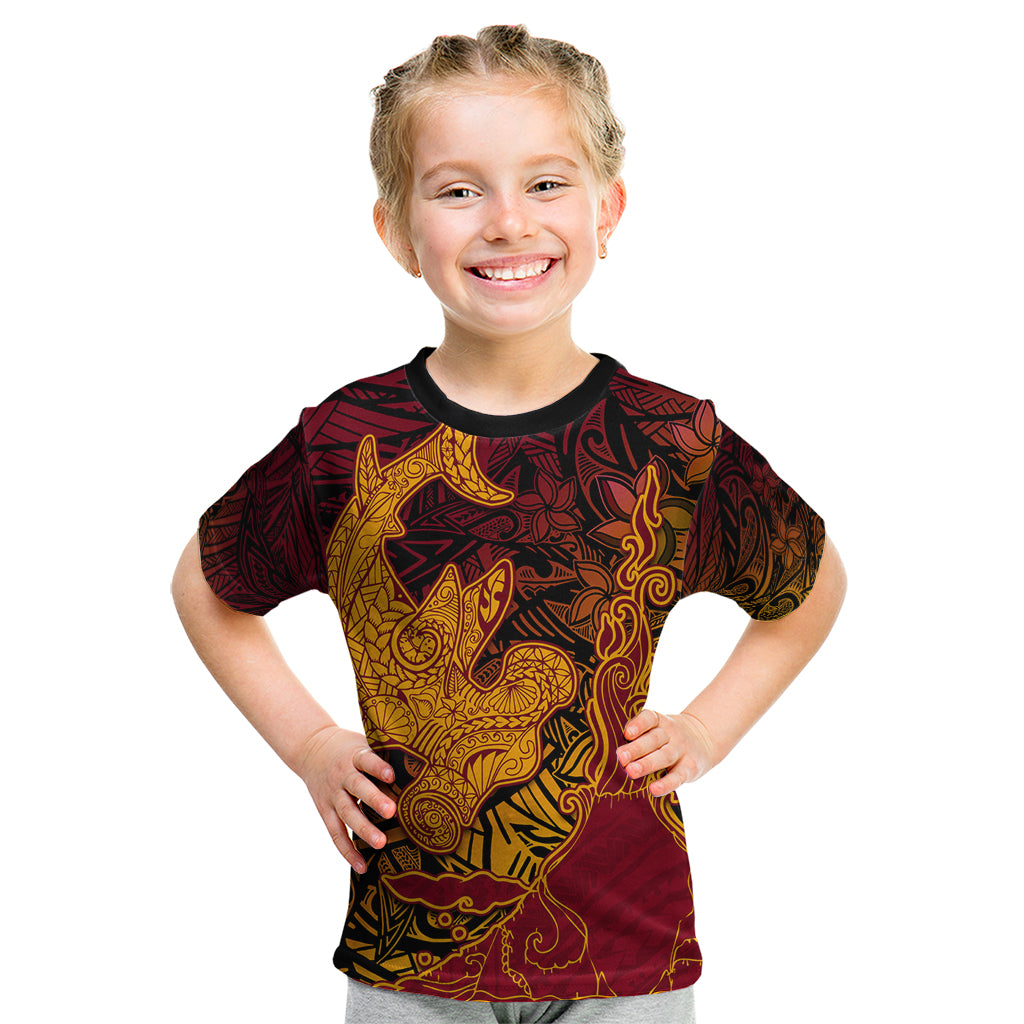 Hawaiian Volcano and Shark Kid T Shirt Polynesian and Hibiscus Pattern Lava Color