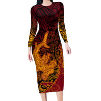 Hawaiian Volcano and Shark Long Sleeve Bodycon Dress Polynesian and Hibiscus Pattern Lava Color