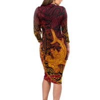 Hawaiian Volcano and Shark Long Sleeve Bodycon Dress Polynesian and Hibiscus Pattern Lava Color