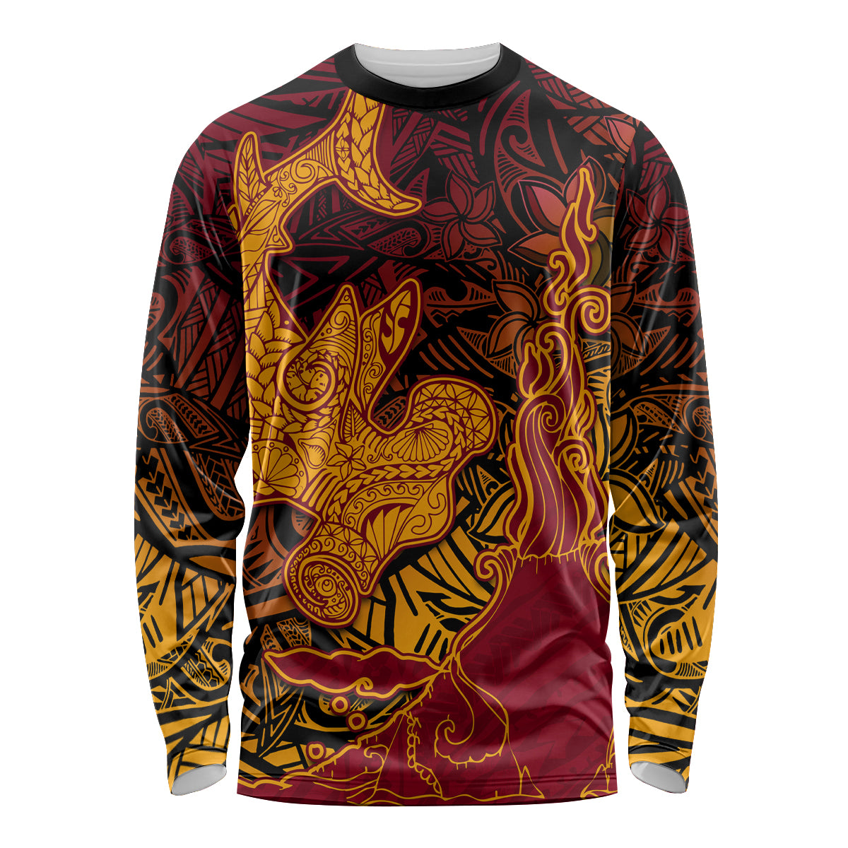 Hawaiian Volcano and Shark Long Sleeve Shirt Polynesian and Hibiscus Pattern Lava Color