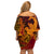 Hawaiian Volcano and Shark Off Shoulder Short Dress Polynesian and Hibiscus Pattern Lava Color