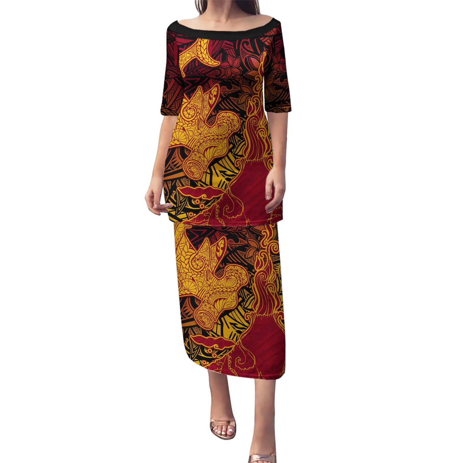Hawaiian Volcano and Shark Puletasi Polynesian and Hibiscus Pattern Lava Color
