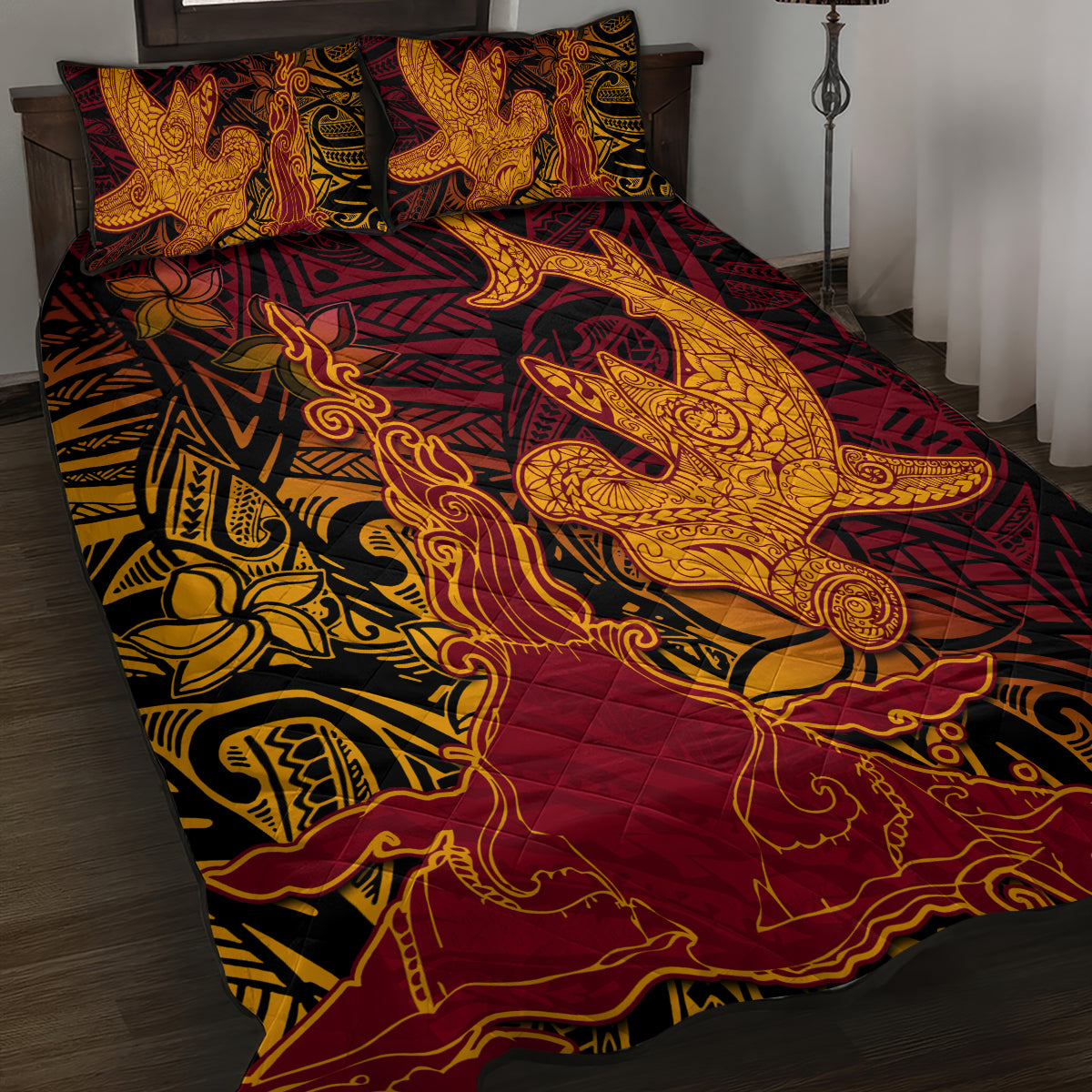 Hawaiian Volcano and Shark Quilt Bed Set Polynesian and Hibiscus Pattern Lava Color