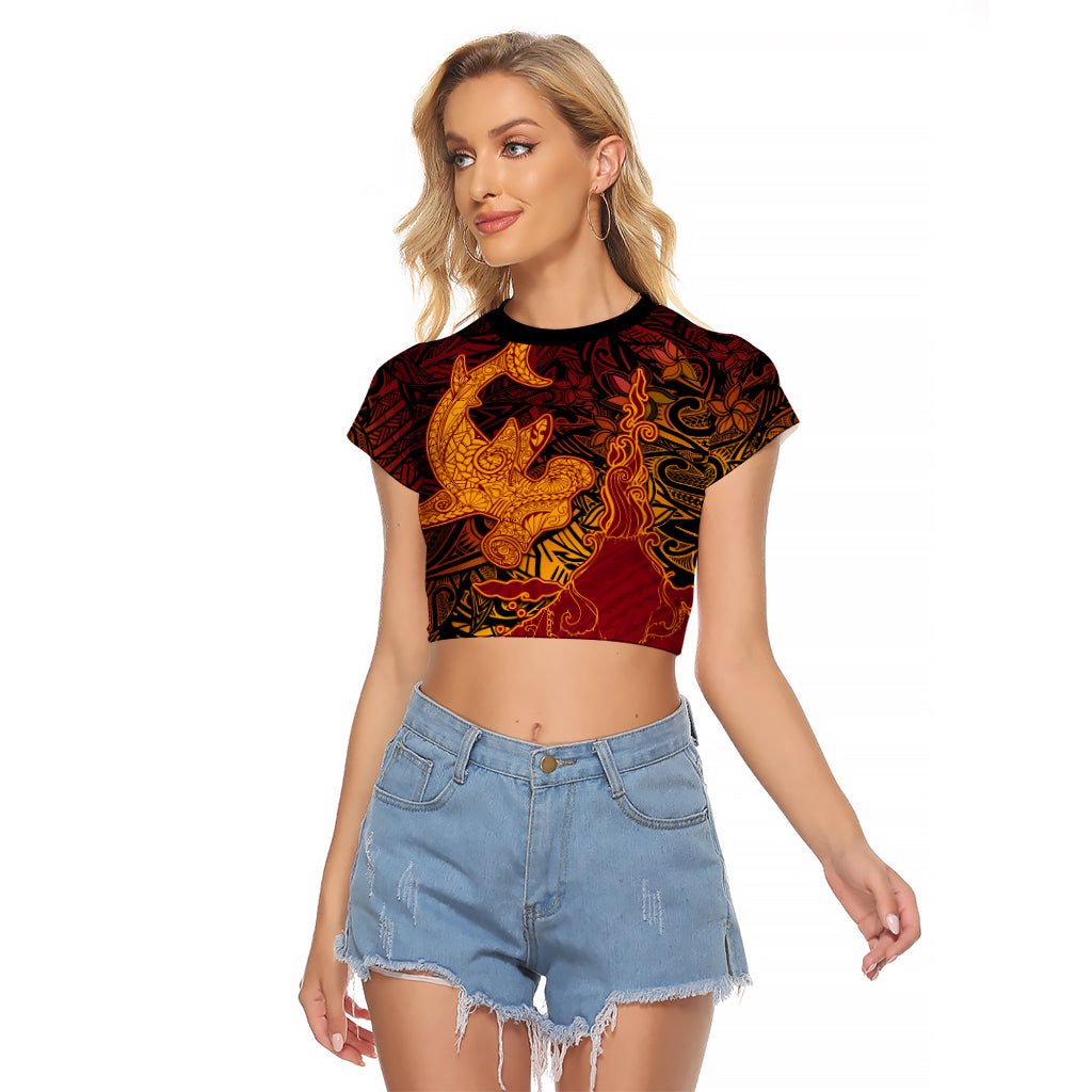 Hawaiian Volcano and Shark Raglan Cropped T Shirt Polynesian and Hibiscus Pattern Lava Color