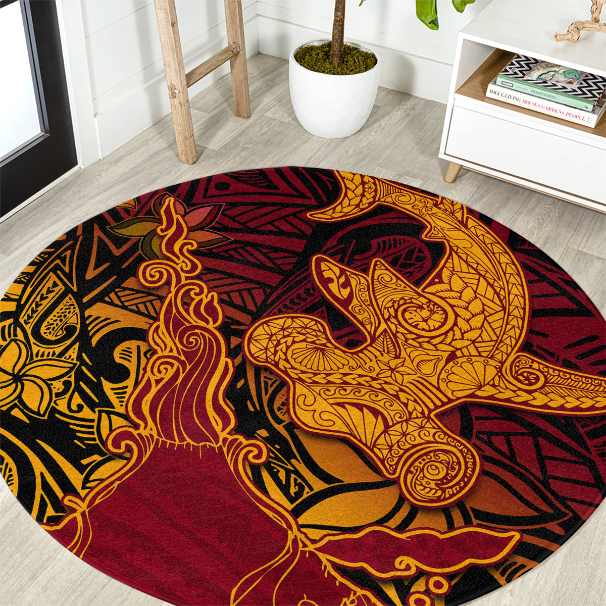 Hawaiian Volcano and Shark Round Carpet Polynesian and Hibiscus Pattern Lava Color