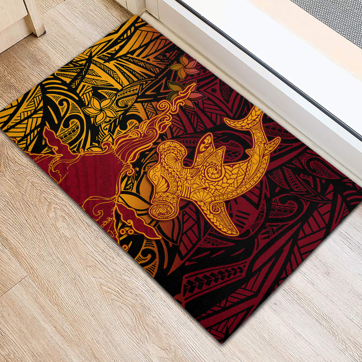 Hawaiian Volcano and Shark Rubber Doormat Polynesian and Hibiscus Pattern Lava Color