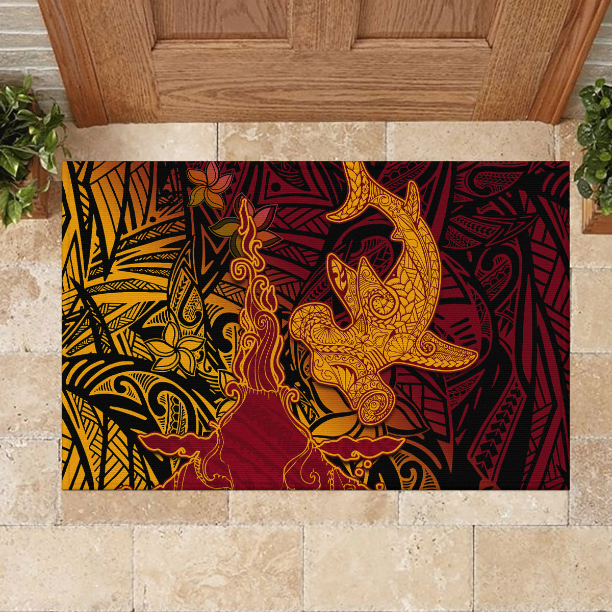 Hawaiian Volcano and Shark Rubber Doormat Polynesian and Hibiscus Pattern Lava Color
