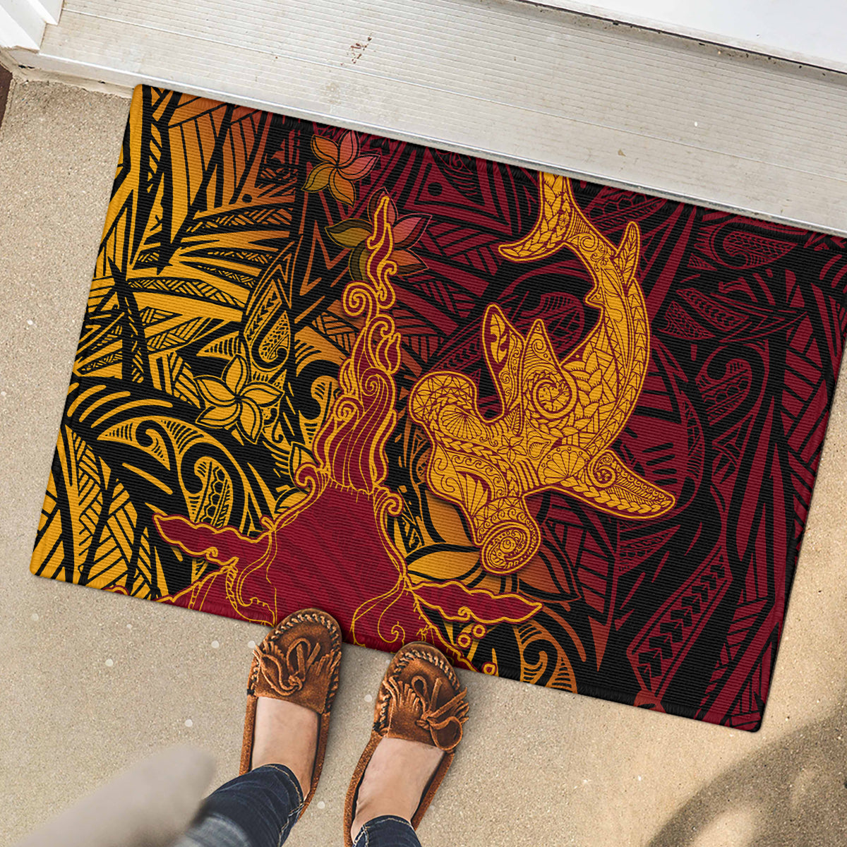 Hawaiian Volcano and Shark Rubber Doormat Polynesian and Hibiscus Pattern Lava Color