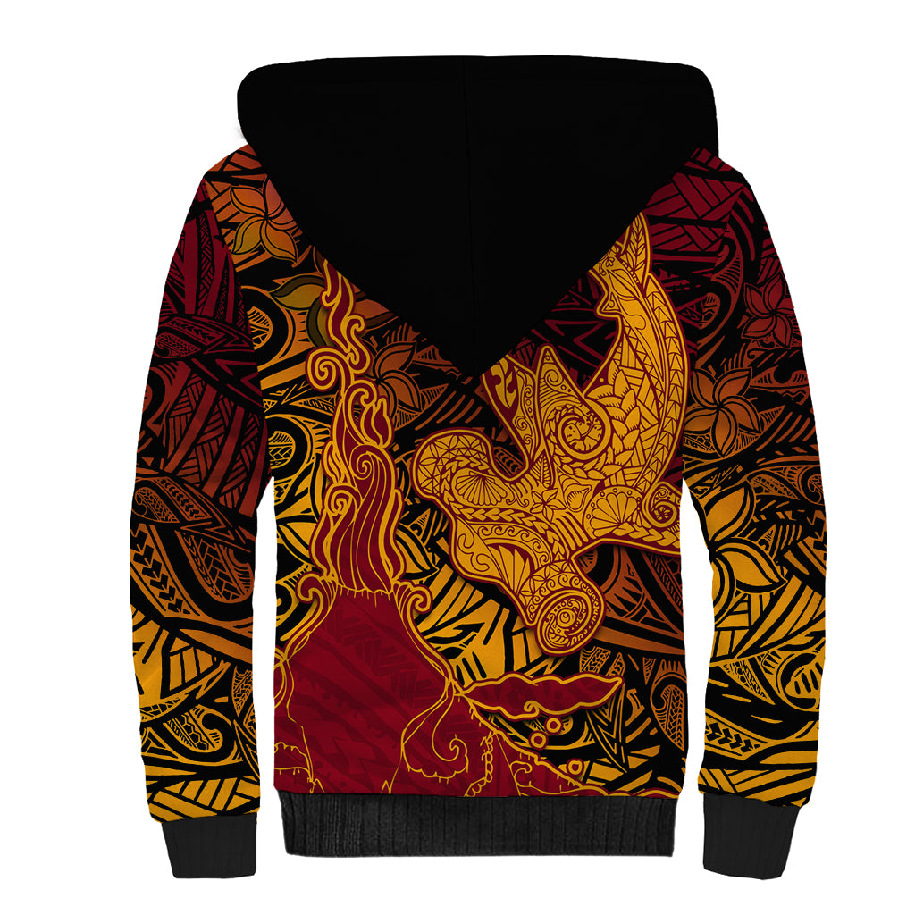 Hawaiian Volcano and Shark Sherpa Hoodie Polynesian and Hibiscus Pattern Lava Color