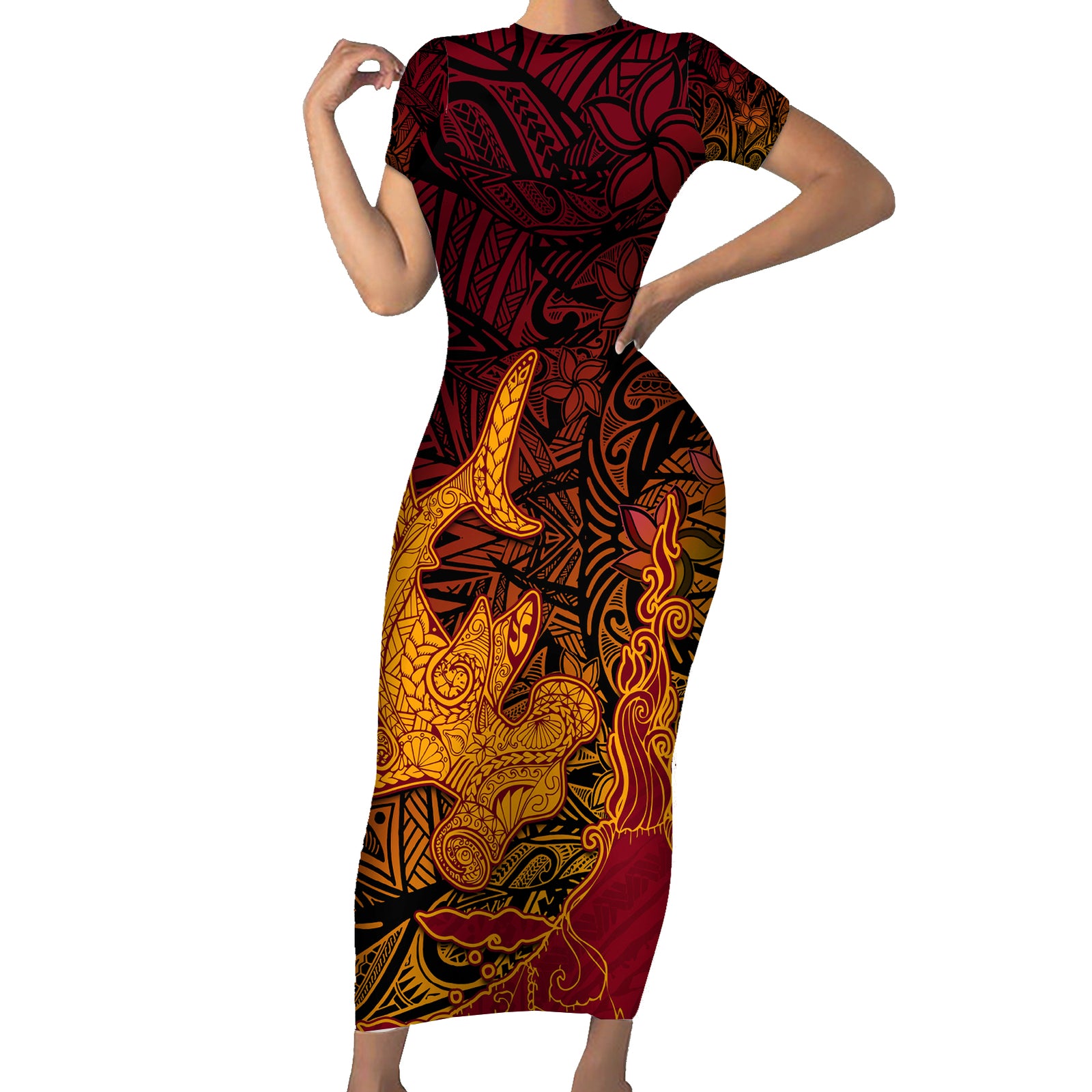 Hawaiian Volcano and Shark Short Sleeve Bodycon Dress Polynesian and Hibiscus Pattern Lava Color