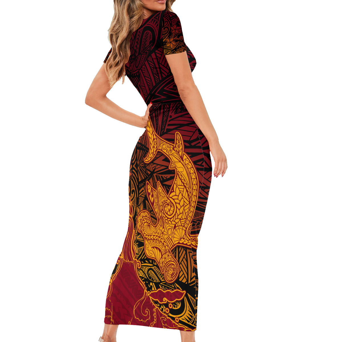 Hawaiian Volcano and Shark Short Sleeve Bodycon Dress Polynesian and Hibiscus Pattern Lava Color