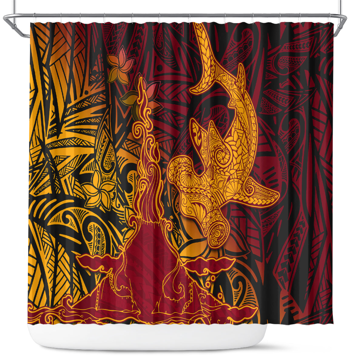 Hawaiian Volcano and Shark Shower Curtain Polynesian and Hibiscus Pattern Lava Color