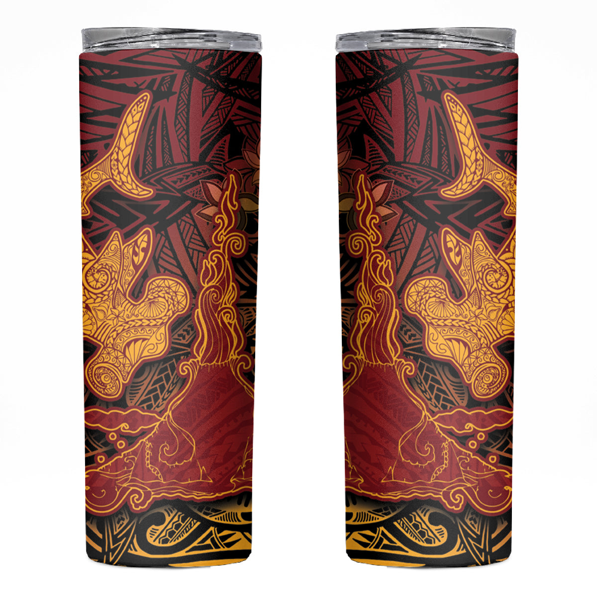 Hawaiian Volcano and Shark Skinny Tumbler Polynesian and Hibiscus Pattern Lava Color