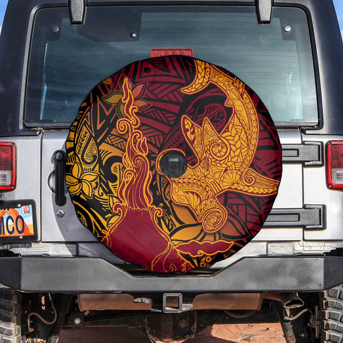 Hawaiian Volcano and Shark Spare Tire Cover Polynesian and Hibiscus Pattern Lava Color