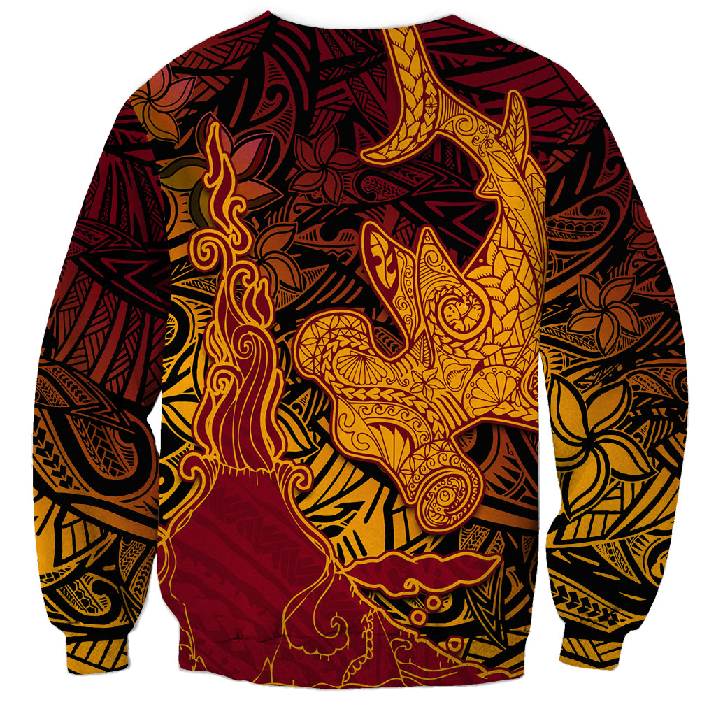 Hawaiian Volcano and Shark Sweatshirt Polynesian and Hibiscus Pattern Lava Color