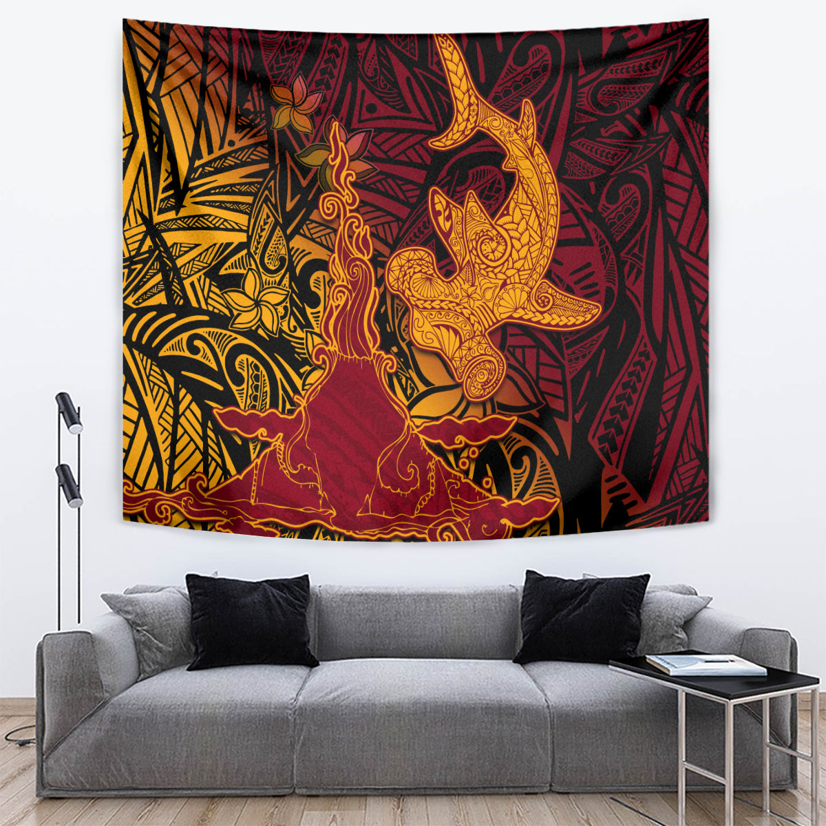 Hawaiian Volcano and Shark Tapestry Polynesian and Hibiscus Pattern Lava Color