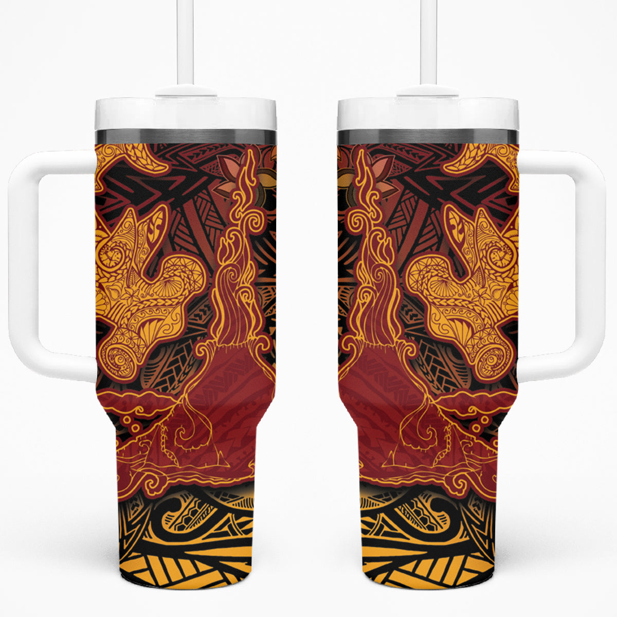 Hawaiian Volcano and Shark Tumbler With Handle Polynesian and Hibiscus Pattern Lava Color