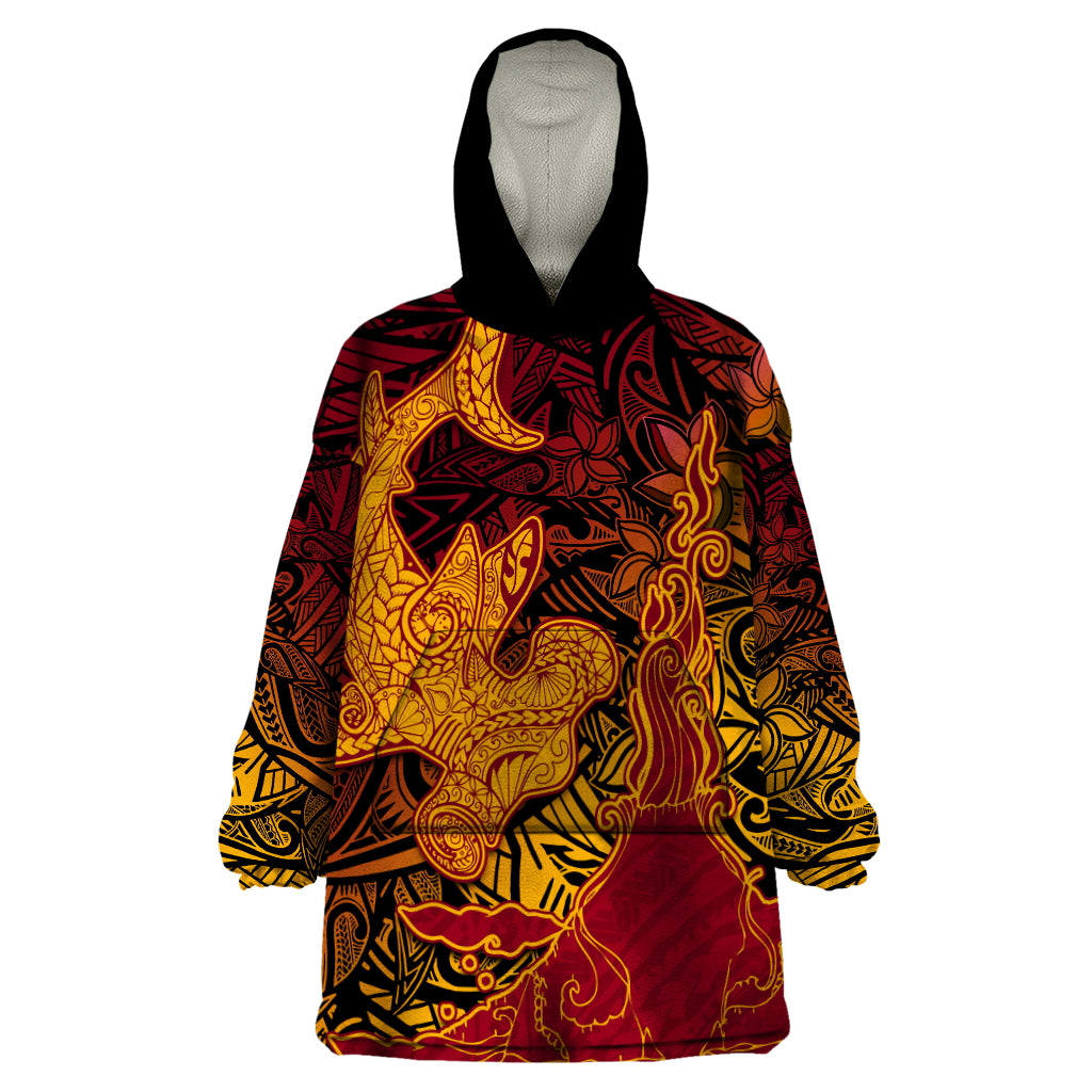 Hawaiian Volcano and Shark Wearable Blanket Hoodie Polynesian and Hibiscus Pattern Lava Color