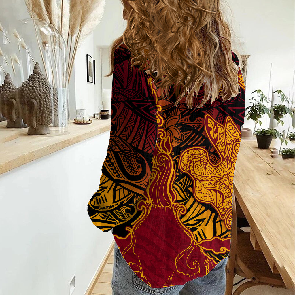 Hawaiian Volcano and Shark Women Casual Shirt Polynesian and Hibiscus Pattern Lava Color