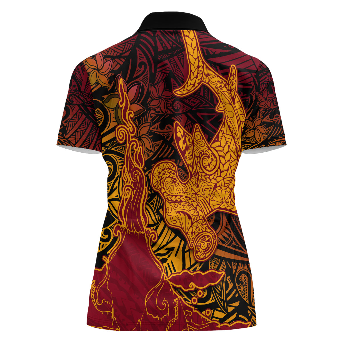 Hawaiian Volcano and Shark Women Polo Shirt Polynesian and Hibiscus Pattern Lava Color