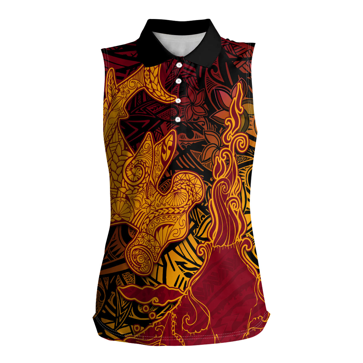 Hawaiian Volcano and Shark Women Sleeveless Polo Shirt Polynesian and Hibiscus Pattern Lava Color