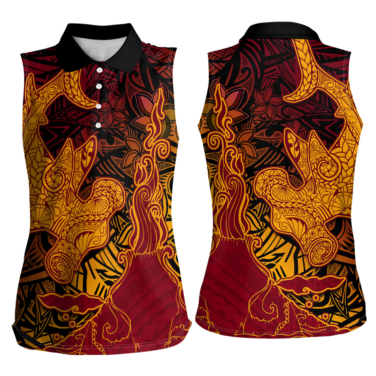 Hawaiian Volcano and Shark Women Sleeveless Polo Shirt Polynesian and Hibiscus Pattern Lava Color