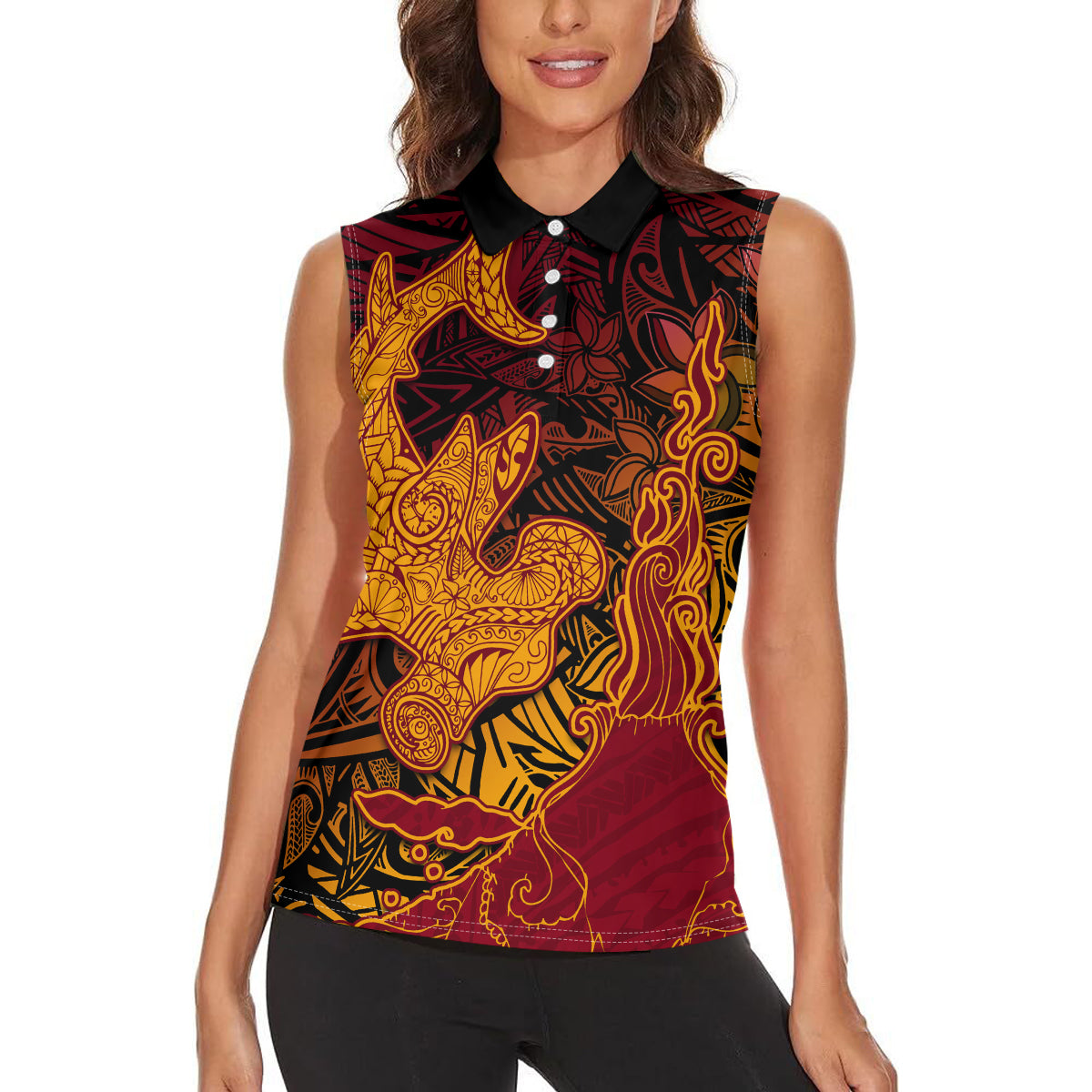 Hawaiian Volcano and Shark Women Sleeveless Polo Shirt Polynesian and Hibiscus Pattern Lava Color