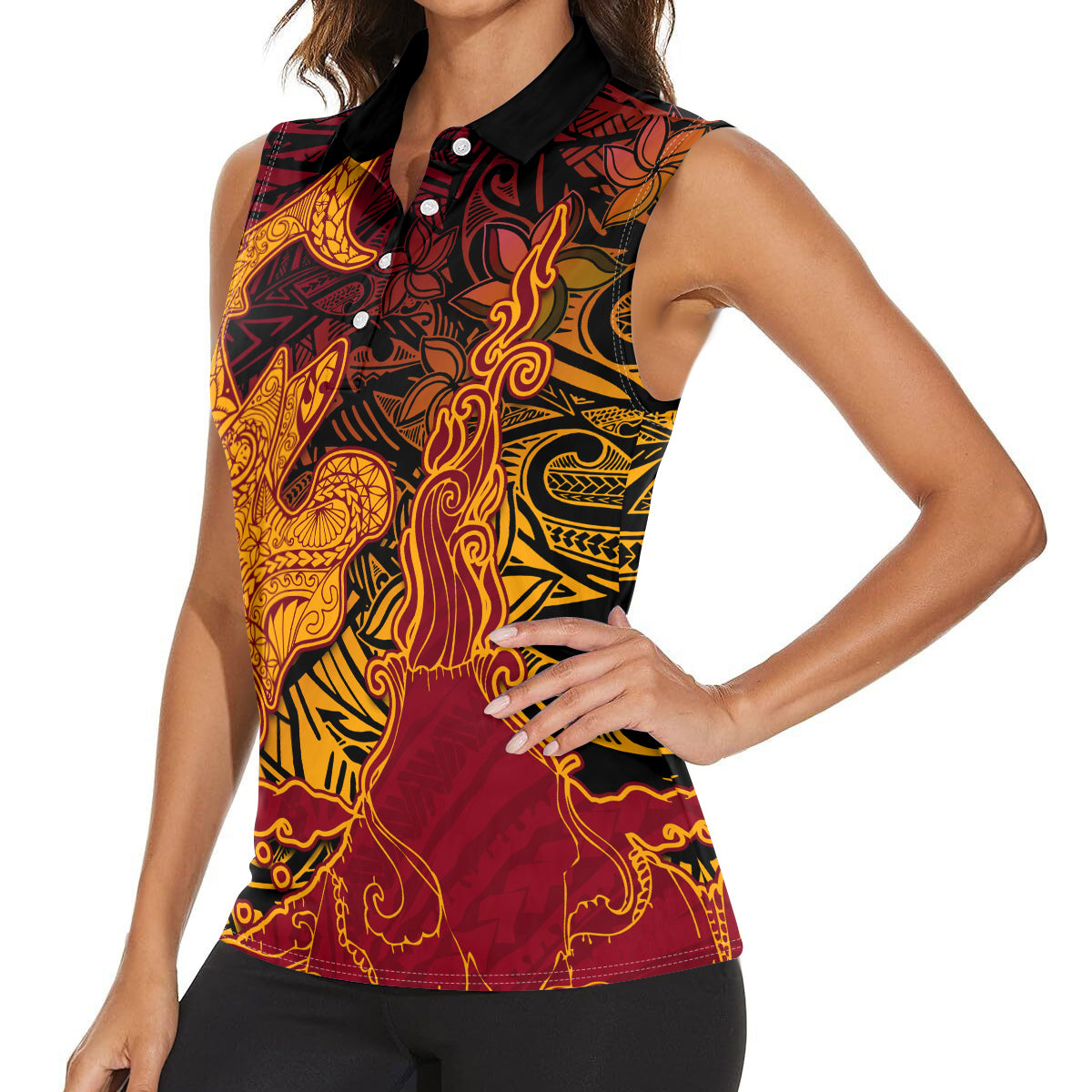 Hawaiian Volcano and Shark Women Sleeveless Polo Shirt Polynesian and Hibiscus Pattern Lava Color