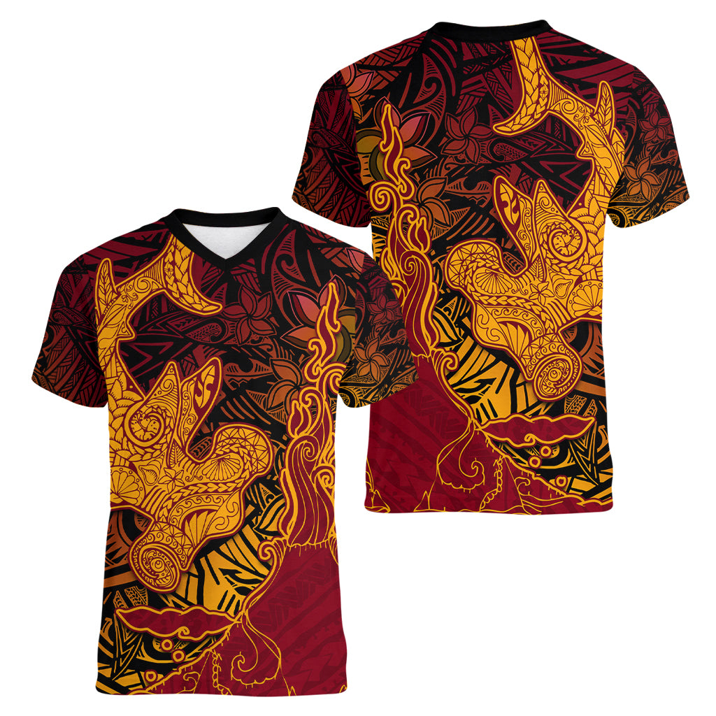 Hawaiian Volcano and Shark Women V-Neck T-Shirt Polynesian and Hibiscus Pattern Lava Color