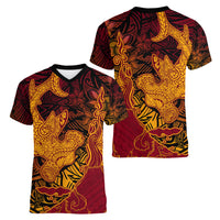 Hawaiian Volcano and Shark Women V-Neck T-Shirt Polynesian and Hibiscus Pattern Lava Color