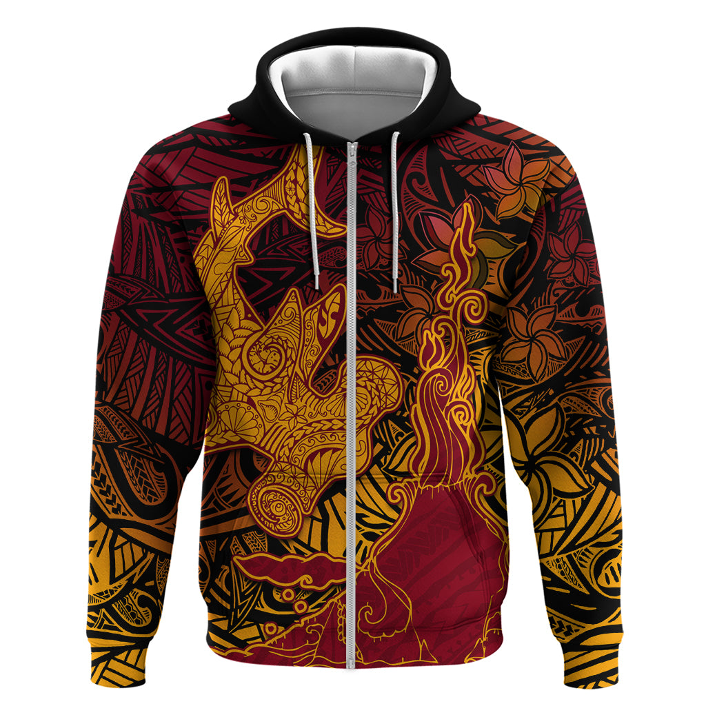 Hawaiian Volcano and Shark Zip Hoodie Polynesian and Hibiscus Pattern Lava Color