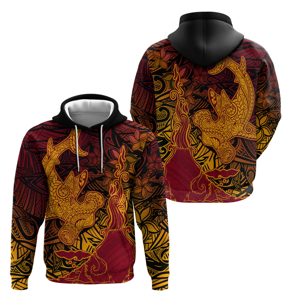 Hawaiian Volcano and Shark Zip Hoodie Polynesian and Hibiscus Pattern Lava Color